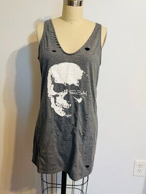 CBR Grey Tank Dress, Skull Graphic, pre-distressed detailing, size small